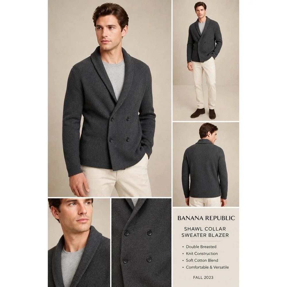 Banana Republic Sweater Blazer Mens Medium Gray Shawl Collar Double Breasted HR1